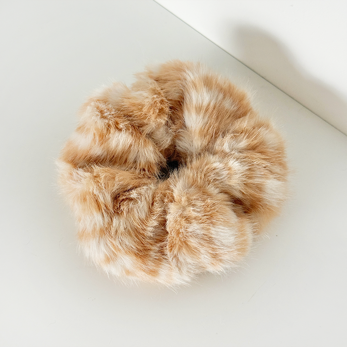 Fluffy Scrunchie in fawn print, beige and white.