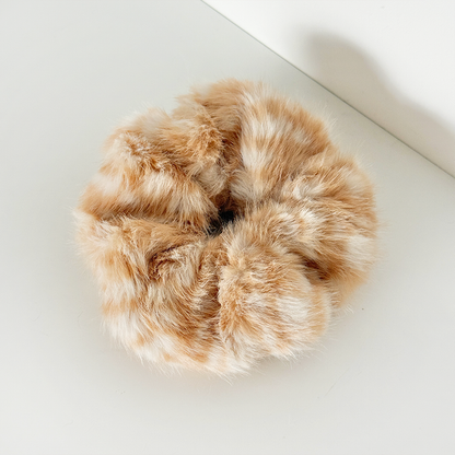 Fluffy Scrunchie in fawn print, beige and white.