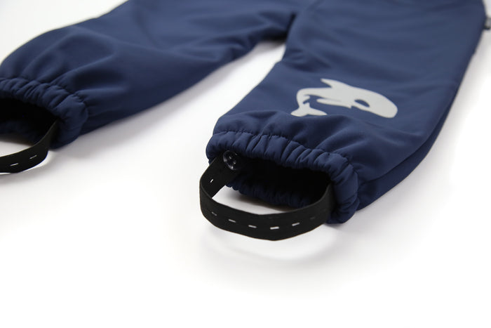 Wrist cuffs and ankle hem detail – navy softshell suit