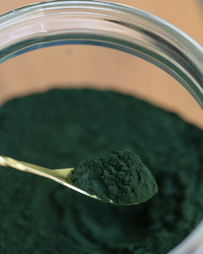 Spoonful of green powder over a jar of green powder