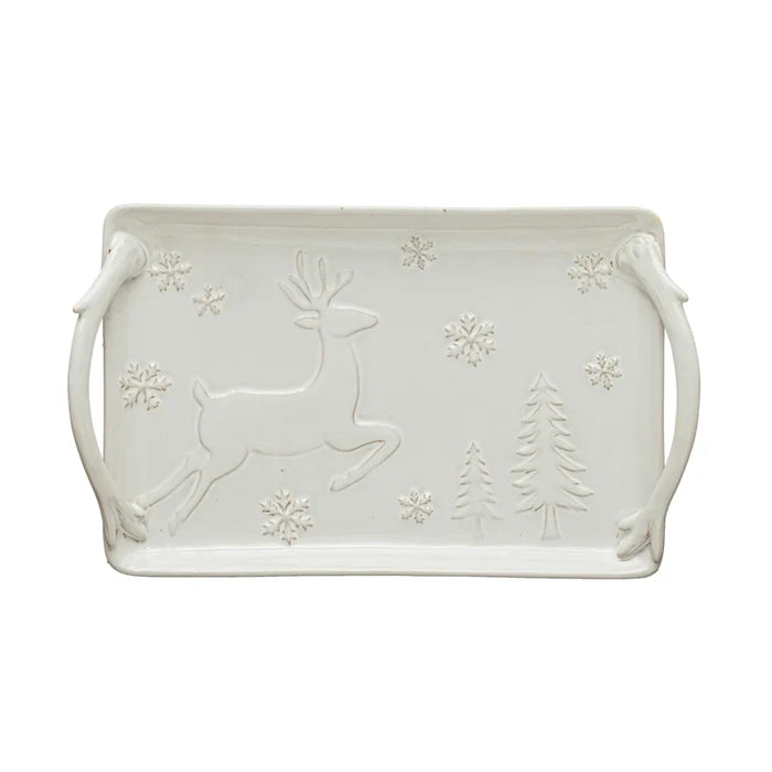 Stoneware Handled Tray with Deer, Snowflakes, Trees