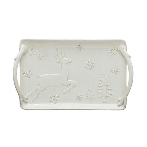Stoneware Handled Tray with Deer, Snowflakes, Trees