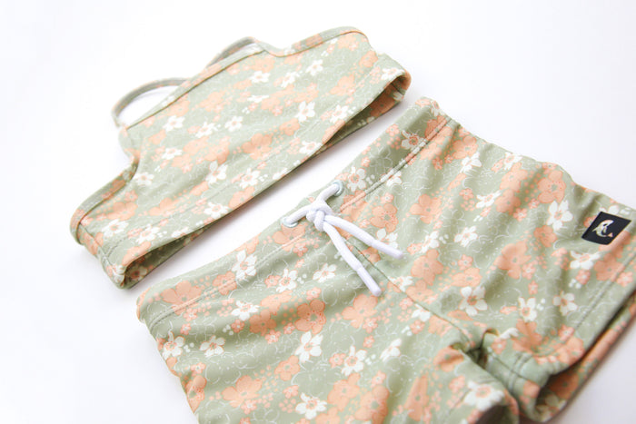 Close-up of quick-dry sage green fabric – Evangelina swim boardie shorts