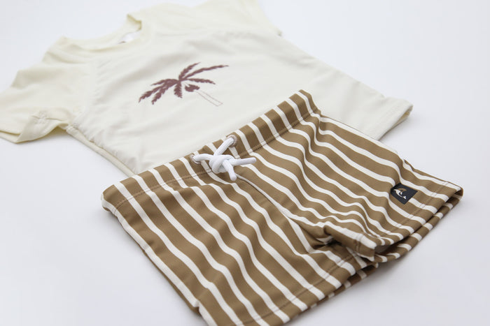 Kids swim boardie shorts stripe khaki – front view