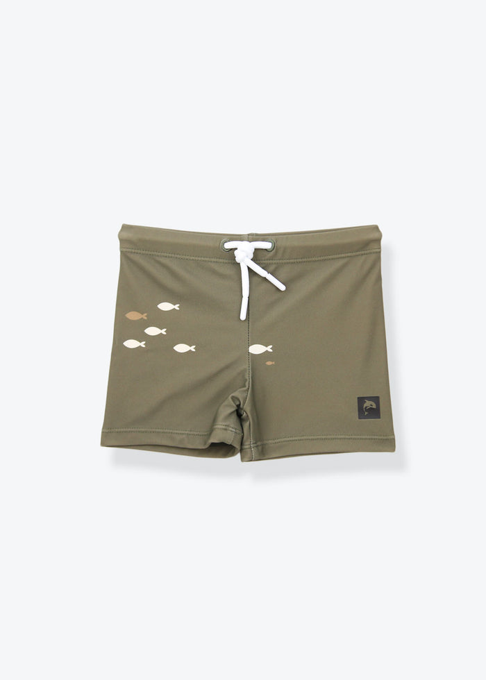 Girls swim boardie shorts Trout Kalamata print – front view
