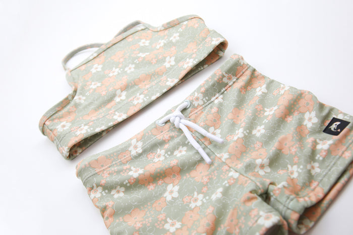 Close-up of quick-dry sage green fabric – Evangelina swim top