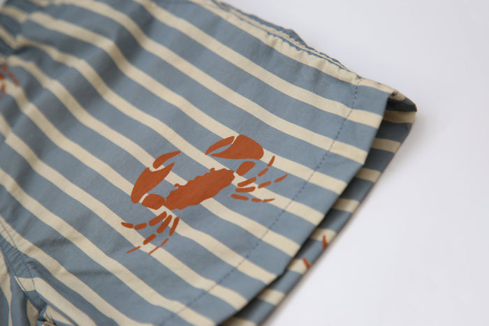 Close-up of quick-dry recycled polyester fabric – crab slate swim trunks