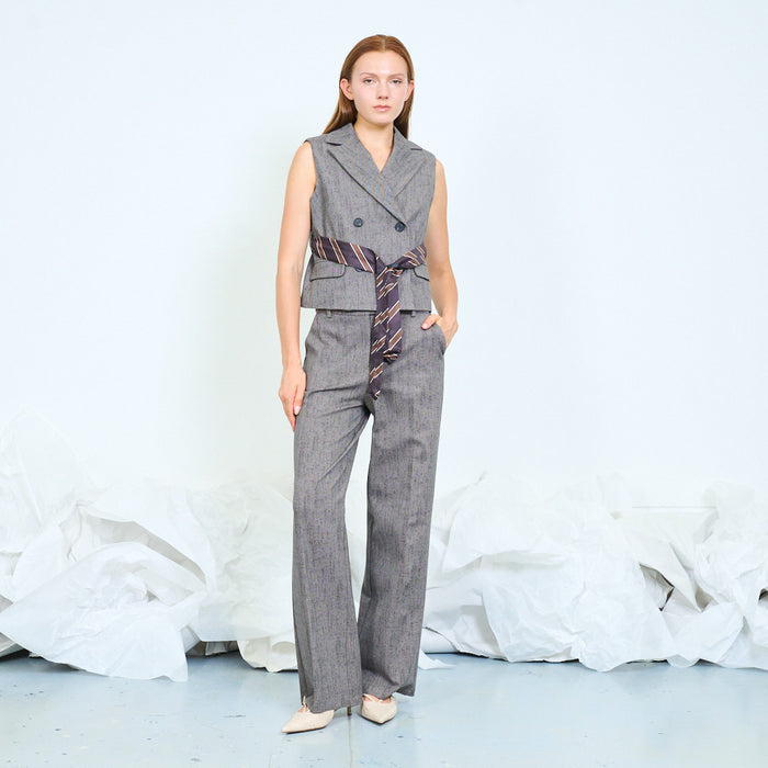 Textured high-waisted wide-leg trousers with belt loops wholesale