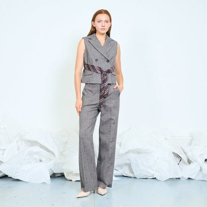 Textured high-waisted wide-leg trousers with belt loops wholesale