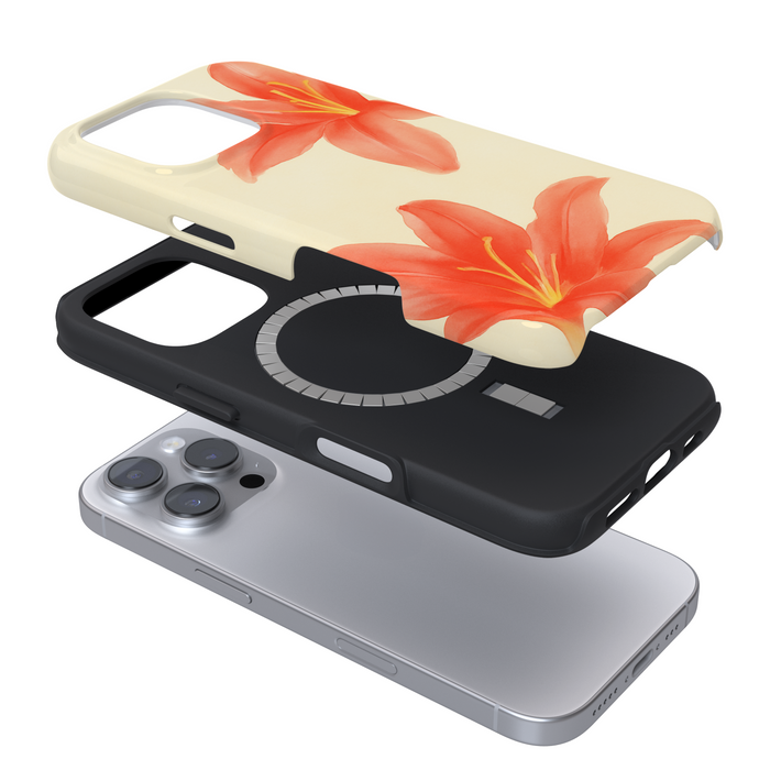 Coconut Lane Tough MagSafe® Phone Case in Island Girl Ibiza Lily with layered build and bold orange lily pattern.