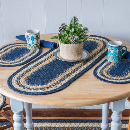 Table runner made from braided jute in blue, mustard yellow and natural jute colors.