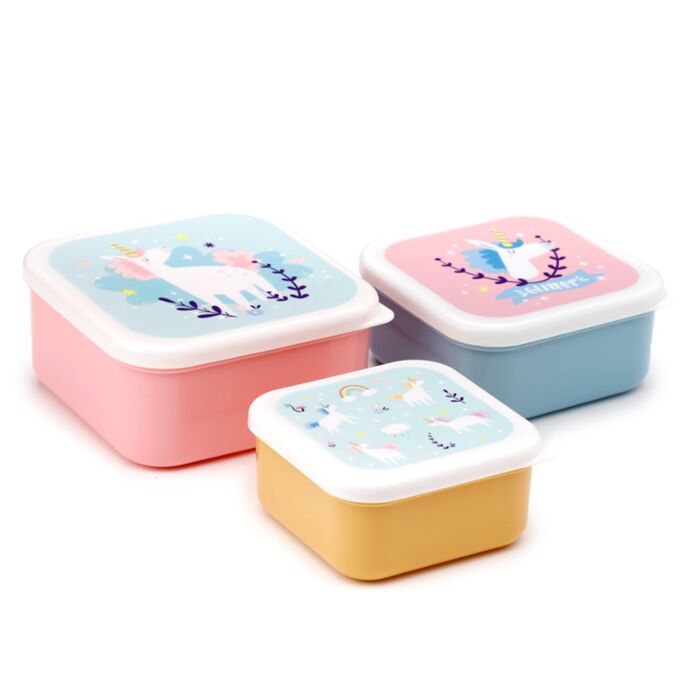 three unicorn magic lunch boxes in small, medium, and large sizes, stacked together