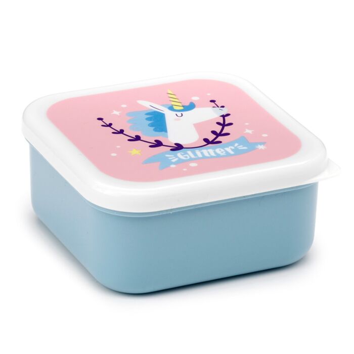 blue unicorn magic lunch box rotated to show a side view with a vibrant unicorn pattern