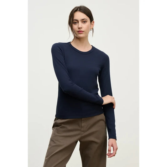 Velvet by Graham & Spencer Lottla Rib Poplin Mix Long Sleeve Crew in Navy