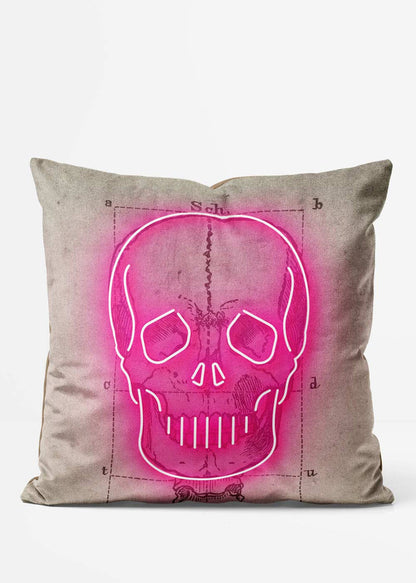 Vintage Neon Skull Cushion, front view in pink
