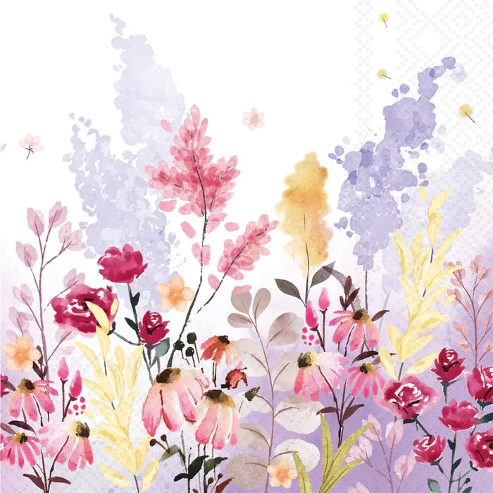 A pack of cocktail napkins with a watercolor print featuring a field of colorful flowers on a white background.