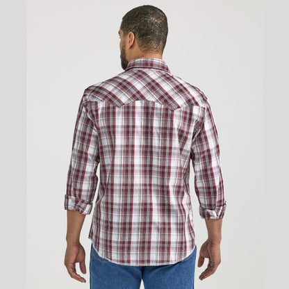 Wrangler Men's Long Sleeve Western Snap Plaid Shirt- Garnet Madras