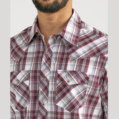 Wrangler Men's Long Sleeve Western Snap Plaid Shirt- Garnet Madras